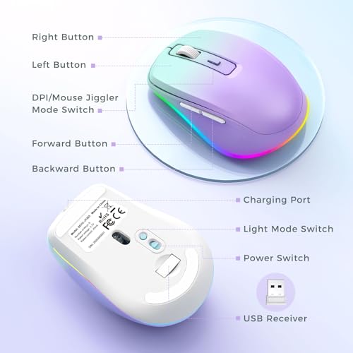 PEIOUS Wireless Mouse Jiggler - LED Wireless Mice with Build-in Mouse Mover, Rechargeable Moving Mouse for Laptop with Undetectable Random Movement Keeps Computers Awake - Purple to Green - color: Purple to Green