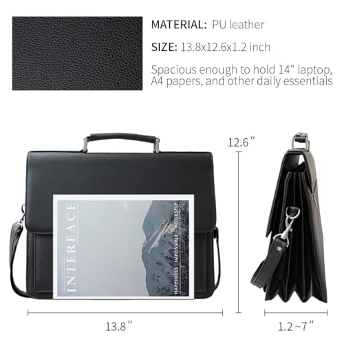 Mens Leather Briefcases Office Attorney Attache Case Ideal Gift Messenger Bag w/Padded Compartment,Black - color: Black - Fits 14" Laptop