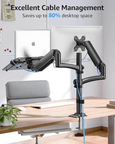 MOUNTUP Laptop and Monitor Desk Mount, Laptop Tray for Max 17" Notebook, Monitors Arm Fits up to 32" Monitor, Laptops Arm Holds 4.4-22lbs, 2-in-1 Tall Laptops Mount with Clamp/Grommet - size: Dual, style: With Pole