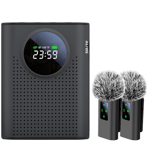 S67 Rechargeable Voice Amplifier Wireless Microphone Dual for Teachers Classroom, Mini Lavalier Lapel Mic Clip Magnetic, Bluetooth Speaker with LED Display for Class, Tour Guide, Coaches, Black - color: Black, size: Amplifier + 2 MICS