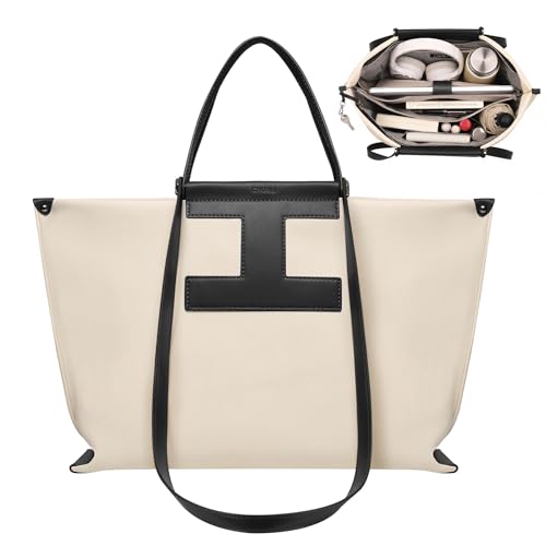 CHUNLI 15.6" Laptop Tote for Women - Lightweight Canvas-Textured Leather Work Bag, Structured Business Briefcase, Teacher - color: Black & Beige