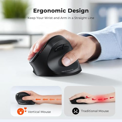 MEETION Wireless Ergonomic Vertical Mouse, Bluetooth & 2.4G, Large | Connects up to 3 devices with dual Bluetooth 5.3 and 2.4G, adjustable 1200-3200 DPI, designed for large hands, Windows/Mac/PC - color: Right Black Batt