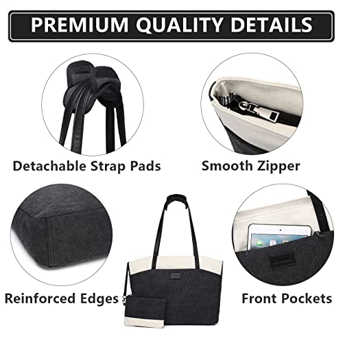 RAVUO Tote Bag for Women, Water Resistant 2PCS Set 15.6 Inch Laptop Travelling Bags Work Teacher Purse W Portable Pouch - color: Black