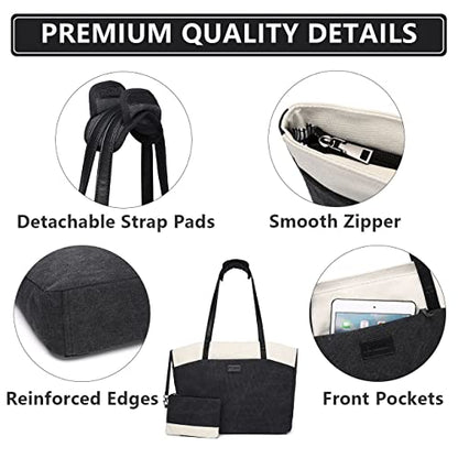 RAVUO Tote Bag for Women, Water Resistant 2PCS Set 15.6 Inch Laptop Travelling Bags Work Teacher Purse W Portable Pouch - color: Black