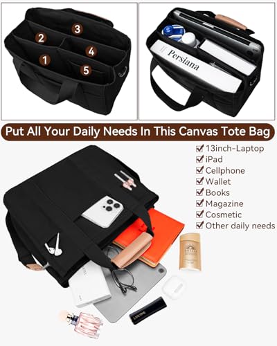 Canvas Tote Bag with Multi-Pocket for Women Large Crossbody Shoulder Handbag Everything Tote Bag with Compartments - color: Black, size: X-Large