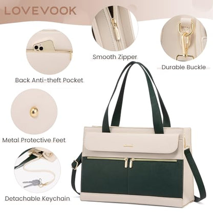 LOVEVOOK Laptop Tote for Women - 15.6 Inch Professional Leather Computer Briefcase with Waterproof Handbag Shoulder Bag Large Capacity Business Teacher Office Crossbody Purse - color: Dark Green/Beige-1, size: 15.6 Inch