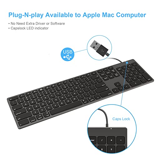 9H Aluminum USB Wired Keyboard with Numeric Keypad for Mac & PC | Compatible with Mac Pro, Mini, iMac, MacBook Pro/Air, Laptops and PC Computers - color: Black