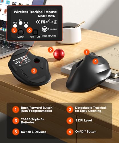 Ergonomic Wireless Trackball Mouse, 3 Device Connection (Bluetooth or 2.4G USB Receiver) Bluetooth Quiet Computer Mouse, 2*AAA Battery Thumb Laptop Mice with 5 Level DPI for PC/Laptop/Mac/Windows Red - color: Red