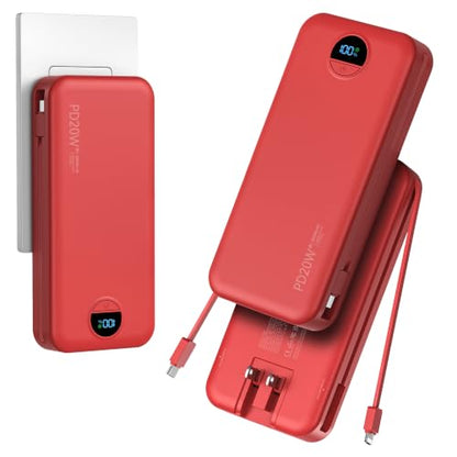 20000mAh Ultra Portable Charger Power Bank with inBuilt Cables&AC Wall Plug | PD20W USB-C Fast Charging Cell Phone Charger Battery Pack,LED Display Travel Battery Bank for All iPhone,Samsung,Android - color: Red-20Ah