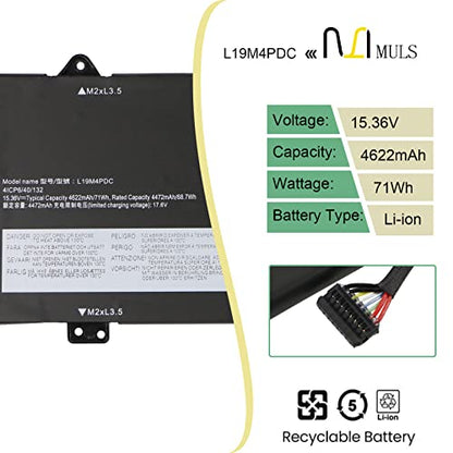 MULS L19M4PDC Laptop Battery for Lenovo Ideapad Yoga 7-14ITL5 7-15ITL5 82BJ | Series L19C4PDC L19L4PDC 5B10Z26482 5B10Z26485 SB10Z26486 5B10Z26479 SB10Z26483 15.36V 4622mAh 71Wh