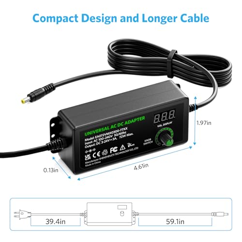 Belker 3V-24V 3A Universal Power Supply 72W Adjustable AC Adapter | Variable 3V 5V 9V 12V 18V 20V 24V Power Adapter with 13 Tips, Polarity Converter and Alligator Clip for LED Strip Speaker DIY - size: 72w 3-24v