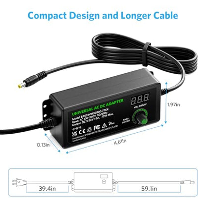 Belker 3V-24V 3A Universal Power Supply 72W Adjustable AC Adapter | Variable 3V 5V 9V 12V 18V 20V 24V Power Adapter with 13 Tips, Polarity Converter and Alligator Clip for LED Strip Speaker DIY - size: 72w 3-24v