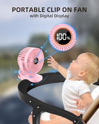 TUNISE Mini Clip on Fan, Battery Operated Desk Fan, Digital display，3 Speeds Adjustable, Bidirectional 360 ° Adjustable, Super Strong Wind, Portable Fan for Home, Office, Camping - color: Pink
