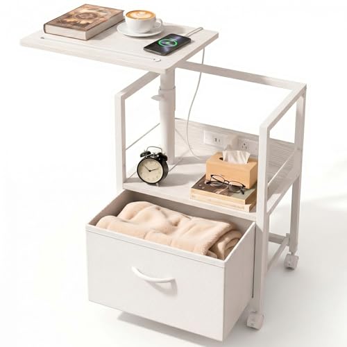 Faesun Swivel Lift Top Nightstand with Charging Station, Rolling Side Table for Recliner, Bedside Table with Wheels & a Fabric Drawer, for Small Spaces, for Bedroom, Living Room, White - color: 06 - White, size: 1 Drawer