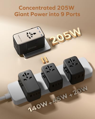 Momax 9-in-1 High-Power Universal Travel Adapter, 205W GaN Worldwide Charging Hub with 6 USB-C & 1 USB-A, AC Outlet, Type A/C/G/I Plugs for 200+ Countries, Safe for Laptops, Phones, Cruise Ready - size: 205 W