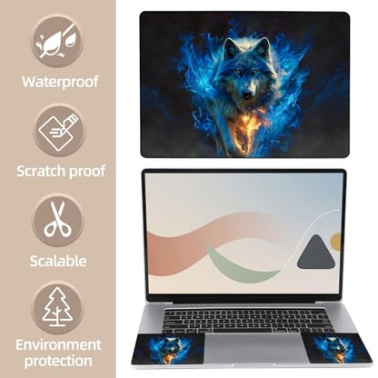 Universal Laptop Skin Sticker for 12/13/14/15.6 Inch Laptops, Reusable Vinyl Laptop Decal Cover, Waterproof Scratch Resistant Notebook Skin with 2 Wrist Pads,Blue Fire Wolf - color: Blue Fire Wolf