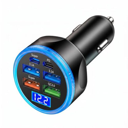 Full PD 30W Multi Port USB C Car Charger Adapter 6 in 1 with Voltage Display, PD4.0/QC4.0/PPS/AFC Super Fast Charging Cigarette Lighter Adapter with Volt Meter for MacBook iPhone Galaxy Android Phones