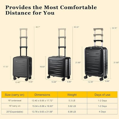 CENSIEN 16 Inch Underseat Carry On Luggage Airline Approved, Expandable Lightweight ABS+PC Hard Shell Suitcases with 360° Spinner Wheels, TSA Lock, YKK Zipper, for Business Weekender (Black, 1 PC) - color: Black, size: Underseat - 16 Inch - EXT