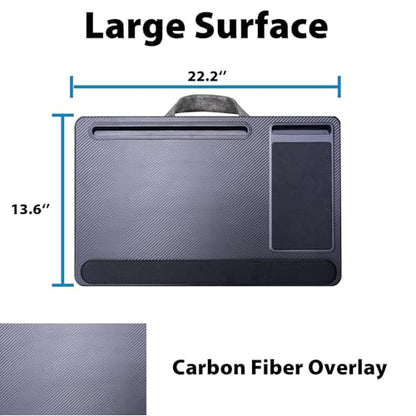 Cyberguys Comfort Lap Desk for Laptop up to 15.6 in – Black Carbon Fiber | Overlay Surface with Mouse Pad, Phone & Tablet Slot, Dual Cushion Base, Wrist Rest & Carry Handle for Bed Desk Couch Sofa - color: Black With Carbon Fiber Overlay