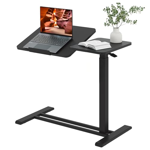 32''Large Pneumatic Overbed Tilting Bedside Table,Desk with Wheels | 31.6" x 15.7" Black Double Flip Tabletop,Hospital Medical Bedside Table,Overbed Table with Wheels,Small Standing Desk - color: Black, size: Large