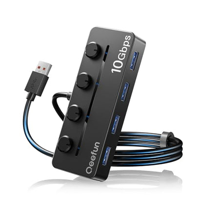 Qeefun 4-Port USB 3.2 Hub, Individual LED Power Switches, 10Gbps Data Transfer USB 3.2 Gen 2 Splitter with 4ft Extension Cable, Multiple USB Extender for Laptop, PC, iMac, USB Flash Drives and More - style: A to 4A 3.2