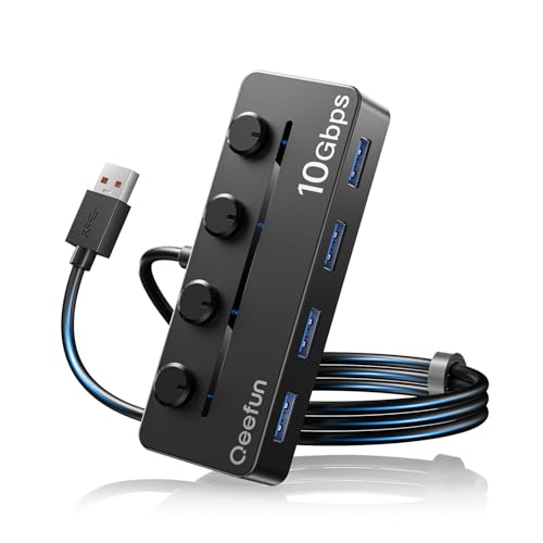 Qeefun 4-Port USB 3.2 Hub, Individual LED Power Switches, 10Gbps Data Transfer USB 3.2 Gen 2 Splitter with 4ft Extension Cable, Multiple USB Extender for Laptop, PC, iMac, USB Flash Drives and More - style: A to 4A 3.2
