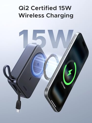 UGREEN 20000mAh Wireless Power Bank with 30W PD Fast Charging and Qi2 15W, Portable Battery Pack for iPhone with Built-in USB-C Cable, External Portable Battery Compatible with iPhone 17/16/15, Galaxy
