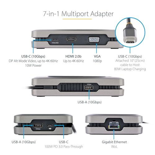 StarTech.com USB-C Docking Station for Windows and ChromeOS, Dual Monitor 4K 60Hz USB-C/HDMI or 1080p VGA, HDR10, USB 10Gbps Hub, 100W Laptop Charging, GbE - TAA | 80W laptop charging, USB 10Gbps data, Single display on Apple M1 M2 M3, MAC address passthr