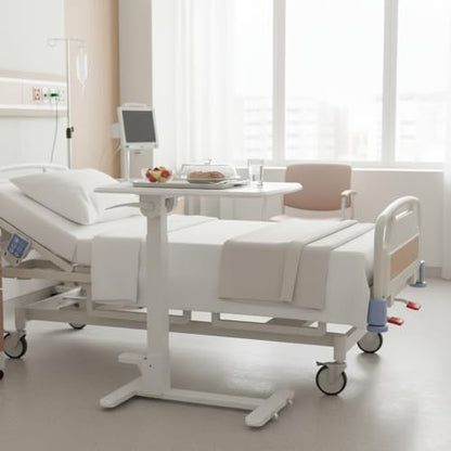 Mount-It! Overbed Table with Wheels, Folding Adjustable Height White | Foldable Bedside Tray Table on Wheels, No-Assembly Over Bed Laptop Desk, Folds Flat for Storage, Ultra-Low Base - color: White