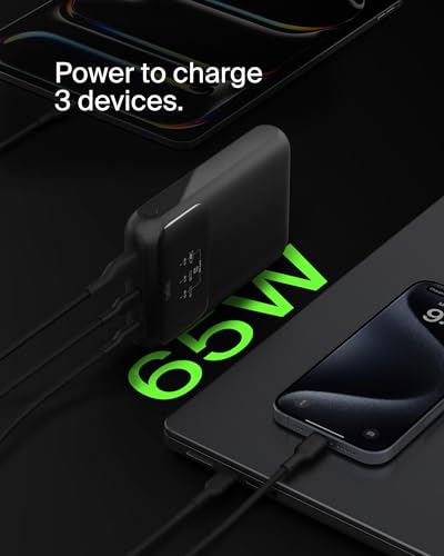 Belkin 20000mAh 65W 3-Port Power Bank for MacBook, iPhone, Switch 2 | Battery Pack, MacBook, Chromebook, iPhone 17, Samsung Galaxy, Nintendo Switch 2, USB C and USB A Ports
