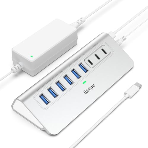 Powered USB Hub 10Gbps, intpw 9-Port USB 3.2 Hub, USB C with USB A/USB 3.2 Hub, 4 USB 3.0, 2 PD 45W Charging Port, 65W Power Adapter and 3.3FT Cable, Aluminum USB Hub for PC/Laptop, iPhone 17/16/15 - color: Silver, size: 7 Data+2 PD Charging Ports
