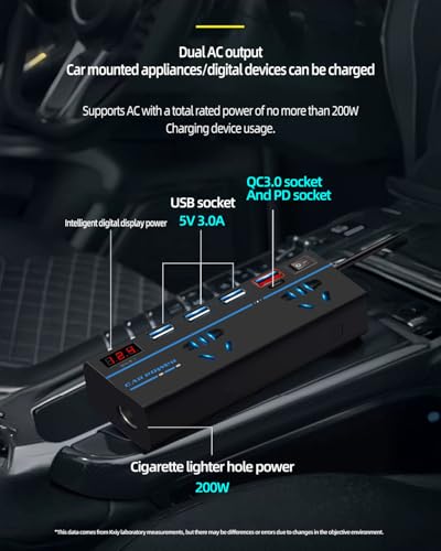 200W Car Power Inverter, DC 12V to 110V AC Car Plug Adapter Outlet with 1 QC3.0 [24W USB-C] / 3 Total 3.0A USB A/Car Charger for Laptop (LED Display)