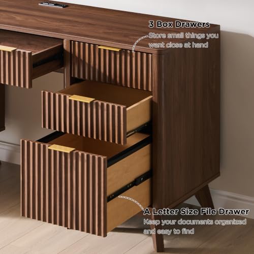 T4TREAM Fluted Executive Desk with Drawers, 60" Modern Home Office Computer Desk with Charging Station, File Cabinet, Keyboard Tray and Storage Cabinet for Study, Living Room, Bedroom, Light Walnut - color: Light Walnut