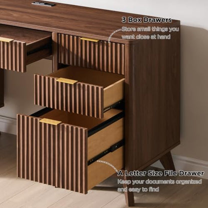 T4TREAM Fluted Executive Desk with Drawers, 60" Modern Home Office Computer Desk with Charging Station, File Cabinet, Keyboard Tray and Storage Cabinet for Study, Living Room, Bedroom, Light Walnut - color: Light Walnut