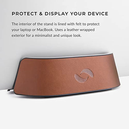HumanCentric Vertical Laptop Stand in Vegan Cognac Leather, Adjustable | Upright Adjustable Holder and Dock, Fits MacBook Pro and Other Laptops .5" to 1.5", Clamshell Compatible - color: Cognac Leather
