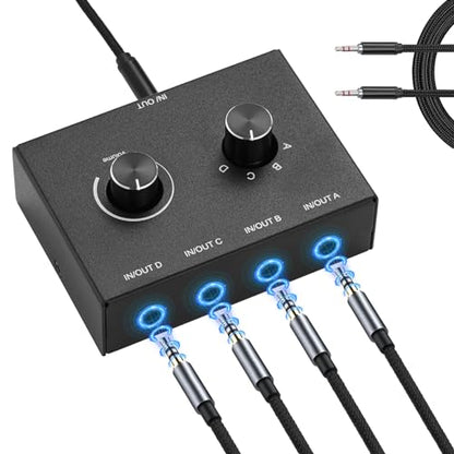 4 Way 3.5mm Stereo Audio Switch, AUX 3.5mm Audio Switch Audio Switcher Passive Speaker Headphone Manual Selector Splitter Box Audio Sharing (4/1 in -1/4 Out) - size: 4 Port