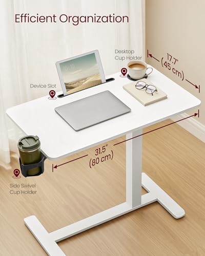 VASAGLE Overbed Table with Wheels, Mobile Standing Computer Desk, 31.5 x 17.7 Inches Tabletop, Adjustable Height, 2 Cup Holders, Phone and Tablet Slot, Cloud White ULSD601W01 - size: 31.5"W x 17.7"D