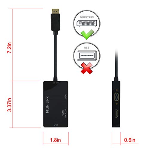 DP to HDMI VGA DVI Adapter Displayport to HDMI 4K Adapter 3 in 1 Display Port to HDMI VGA DVI Converter Male to Female Gold-Plated (Rectangle Black) - color: Black