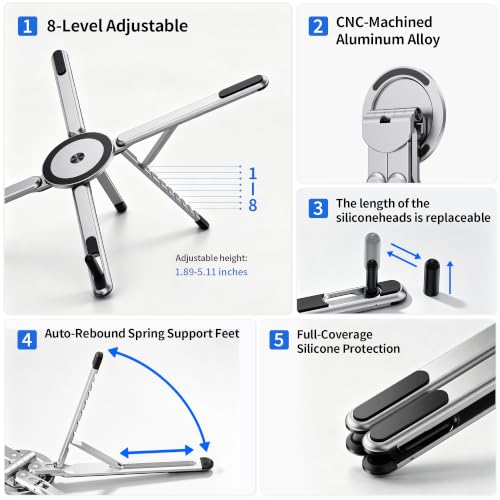 Portable Laptop Stand, 3-in-1 Magnetic Foldable Adjustable, for Desk（White） | Aluminum alloy, lightweight compact, 8-level height, ergonomic, for phone/tablet, home office/travel - color: E05S-White