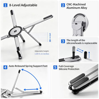 Portable Laptop Stand, 3-in-1 Magnetic Foldable Adjustable, for Desk（White） | Aluminum alloy, lightweight compact, 8-level height, ergonomic, for phone/tablet, home office/travel - color: E05S-White