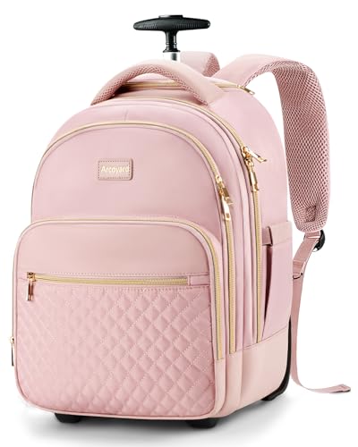 Arcoyard Rolling Backpack for Women, 15 inch Lightweight Wheeled Roller Laptop Backpack for Adults, Water Resistant Underseat Carry On Luggage Bag, TSA Friendly Anti Theft Business Gear, Pink Gold - color: Pink Gold, size: 15-inch