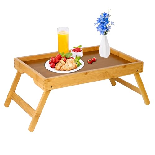Bed Tray Table for Eating with Folding Legs, Bamboo Breakfast Table in Bed for Eating on Couch, Bed, Laptop Computer Tray(1 Pack Bamboo, Medium) - color: Bamboo, size: Medium(Pack of 1)