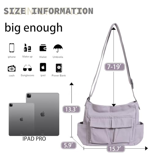 Canvas Messenger Bag Large Hobo Crossbody Bag with Multiple Pockets Casual Shoulder Tote Bag for Women and Men - color: Grey