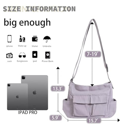 Canvas Messenger Bag Large Hobo Crossbody Bag with Multiple Pockets Casual Shoulder Tote Bag for Women and Men - color: Grey