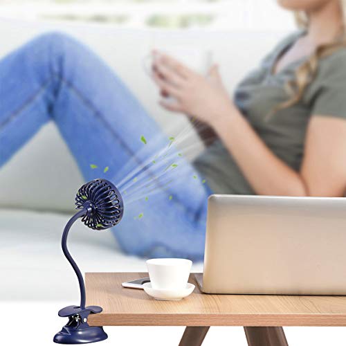 Clip on Fan Usb Battery Operated Desk Clip Fan with Emergency Power Bank, Baby Stroller Fan Rechargeable Personal Fan Flexible Neck 3 Speeds Great for Beach Car Camping Dorm Bed Office-Navy Blue - color: Navy Blue