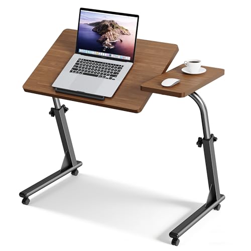 TV Tray Table with Wheels, Height Adjustable Folding Laptop Desk for Sofa | TV Dinner Trays for Eating on Couch, Mobile Sofa Side Table with Tilt Top, Portable Snack Desk for Couch, Bed and Recliner - color: Brown