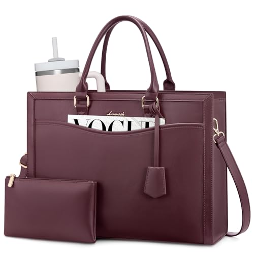 LOVEVOOK Laptop Tote Bag for Women, Large Work Computer Bag with Cup Holder | PU Leather Business Briefcase Teacher Travel College Bag Handbag fit for 15.6 inch Laptop, Office Purses Gifts for Women,2pcs - color: Leather/Purple, size: 15.6 Inch