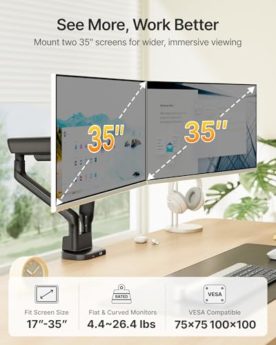 monTEK Mechanical Spring Dual Monitor Arm with USB for 27 32 34inch Screens | Black, Built-in One-Way Bearing, Holds 26.4 lbs, VESA 75/100mm, C-Clamp/Grommet Base & Cable Management, Office, Home, Game - color: Black, size: with USB