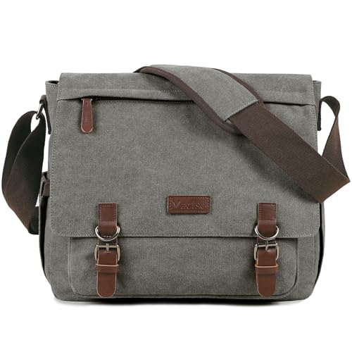 Vintage Messenger Bag 15.6 Inch Laptop for Men Women, Large Travel Crossbody Shoulder Purse Canvas Briefcase Work College - color: Grey-upgrade