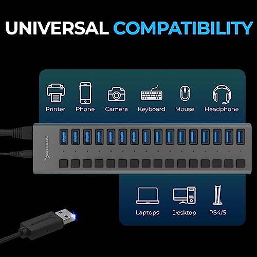 SABRENT 16-Port USB 3.0 Data Hub & Charger, 90W (HB-PU16) | Individual power switches; 90W high-power output; charge and sync multiple devices; powered usb hub